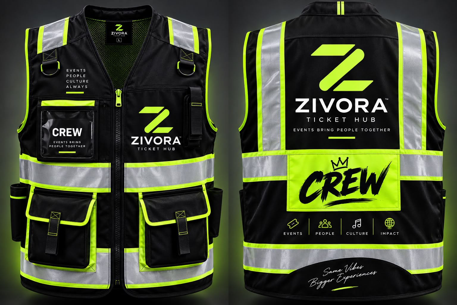 Official Zivora Crew hi-vis vest — front and back