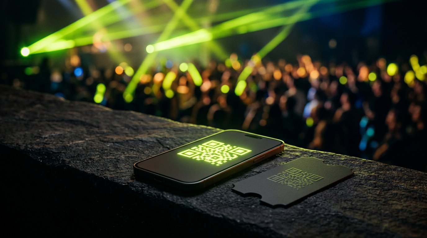 A phone showing a QR ticket beside a Zivora ticket, with a concert in the background