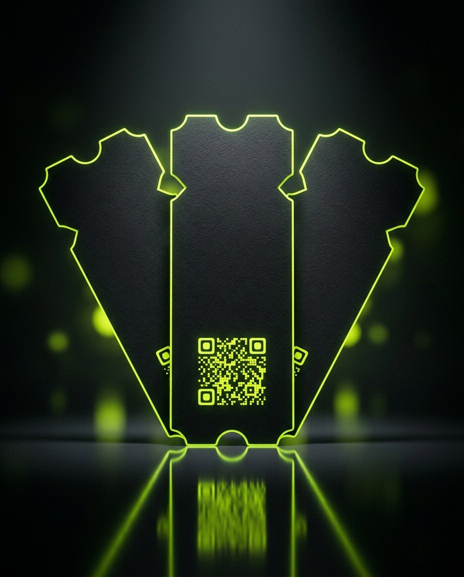 Three matte-black Zivora tickets with lime edges and a QR code
