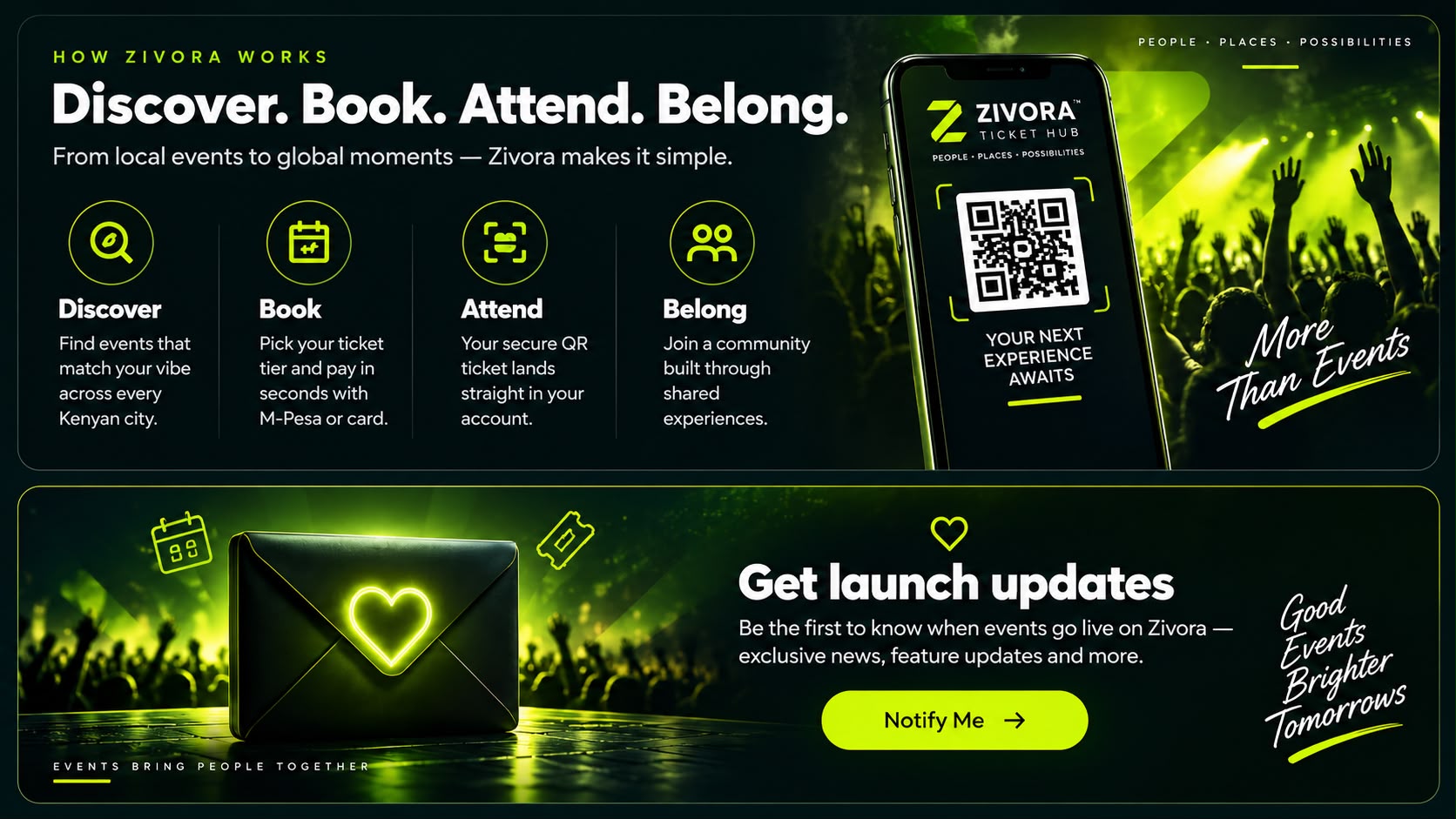 How Zivora works: Discover, Book, Attend, Belong — and get launch updates