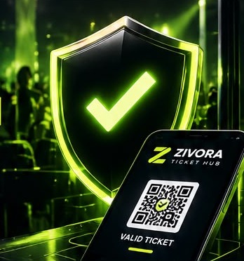 Zivora Trust & Safety — glowing shield with a valid QR ticket on a phone
